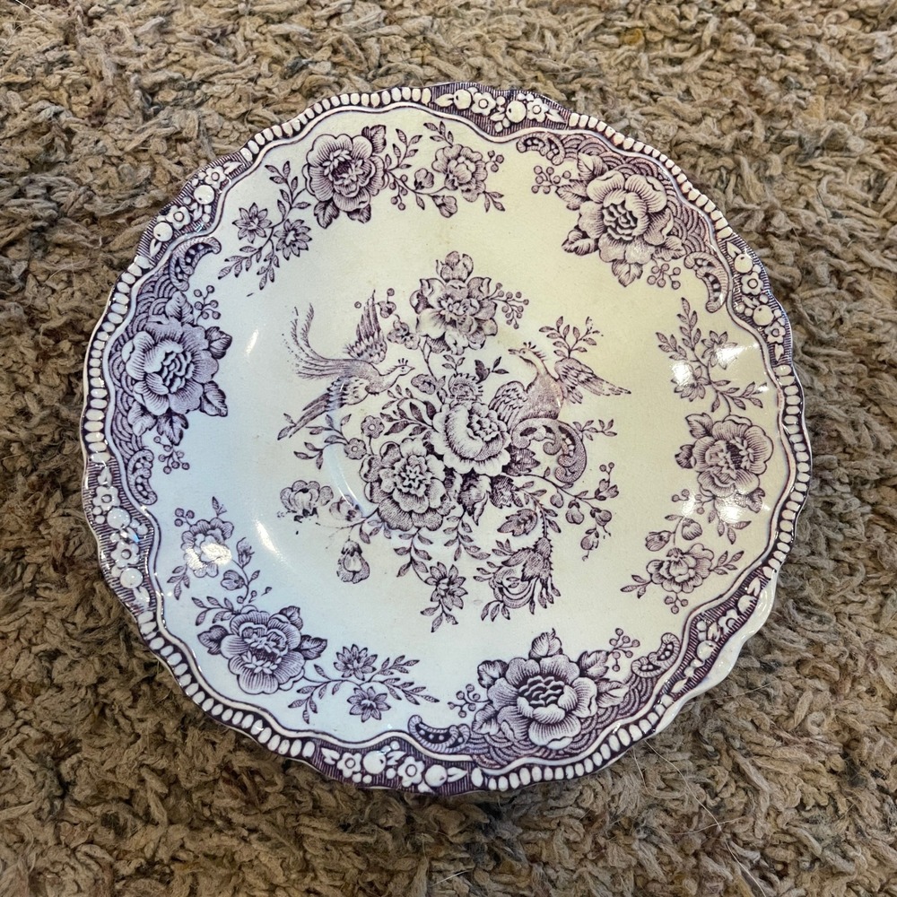 Crown Ducal Bristol Purple Transferware Saucer Bird Floral England Vintage 5.75"